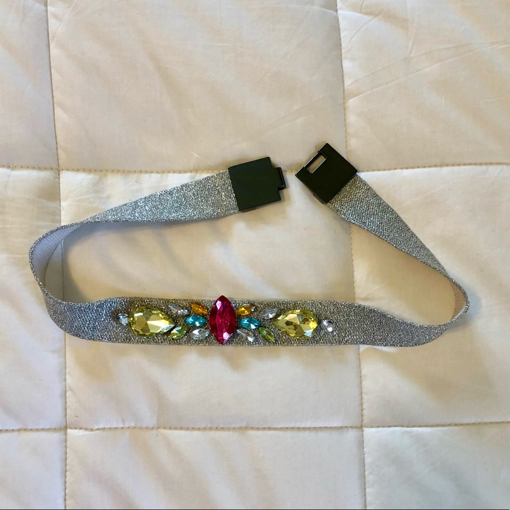 H&M colorful jeweled silver metallic stretch belt